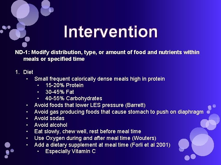 Intervention ND-1: Modify distribution, type, or amount of food and nutrients within meals or