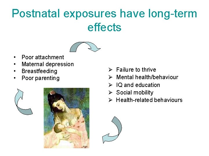 Postnatal exposures have long-term effects • • Poor attachment Maternal depression Breastfeeding Poor parenting Postnatal exposures have long-term effects • • Poor attachment Maternal depression Breastfeeding Poor parenting