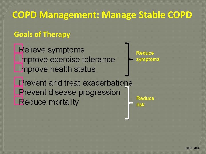 COPD Management: Manage Stable COPD Goals of Therapy �Relieve symptoms �Improve exercise tolerance �Improve