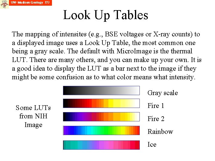 Look Up Tables The mapping of intensites (e. g. , BSE voltages or X-ray