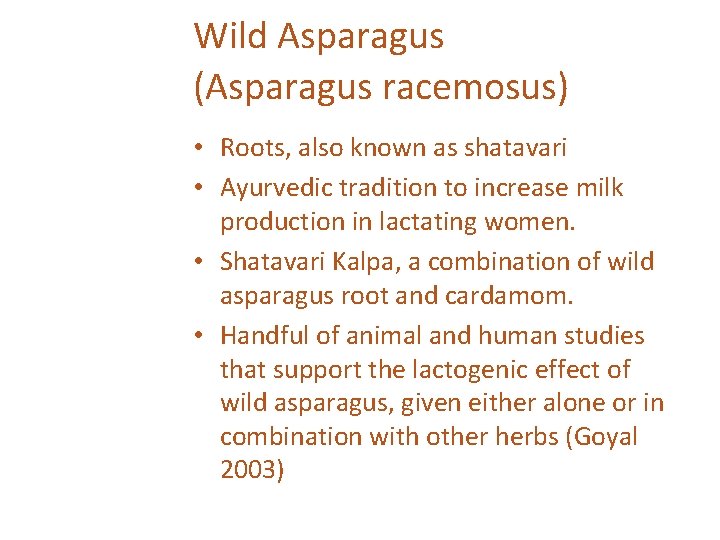 Wild Asparagus (Asparagus racemosus) • Roots, also known as shatavari • Ayurvedic tradition to