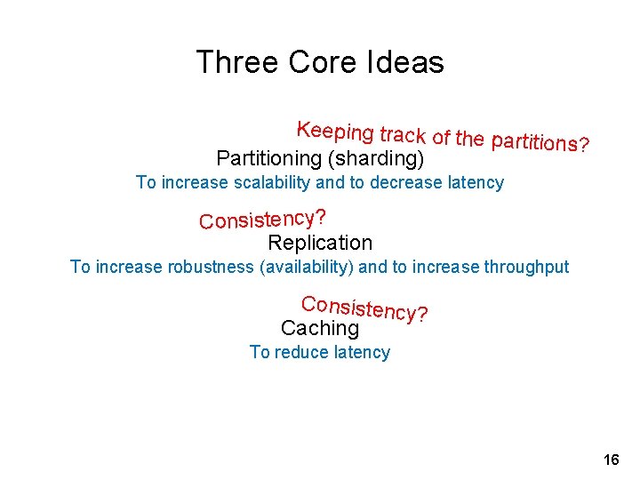 Three Core Ideas Keeping track of the partitions? Partitioning (sharding) To increase scalability and