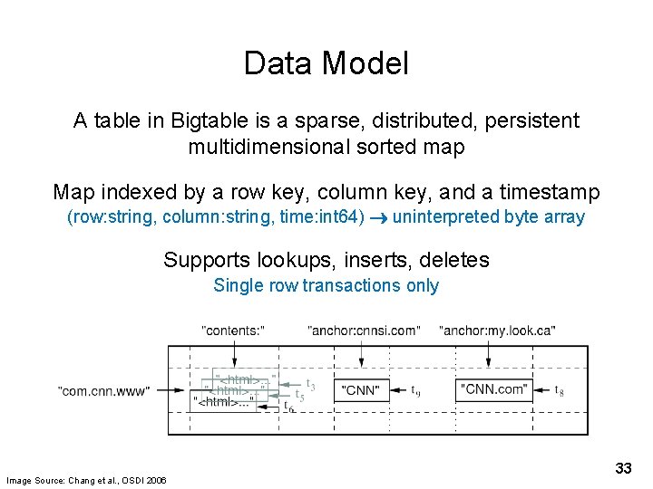 Data Model A table in Bigtable is a sparse, distributed, persistent multidimensional sorted map