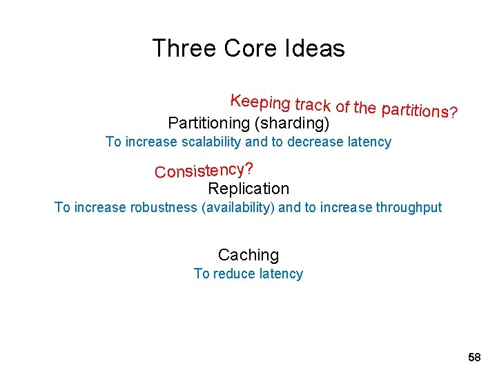 Three Core Ideas Keeping track of the partitions? Partitioning (sharding) To increase scalability and