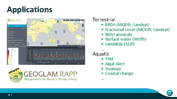 Applications Terrestrial • BRDF (MODIS, Landsat) • Fractional cover (MODIS, Landsat) • NDVI anomaly