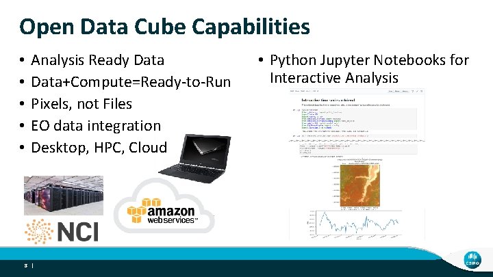 Open Data Cube Capabilities • • • Analysis Ready Data+Compute=Ready-to-Run Pixels, not Files EO