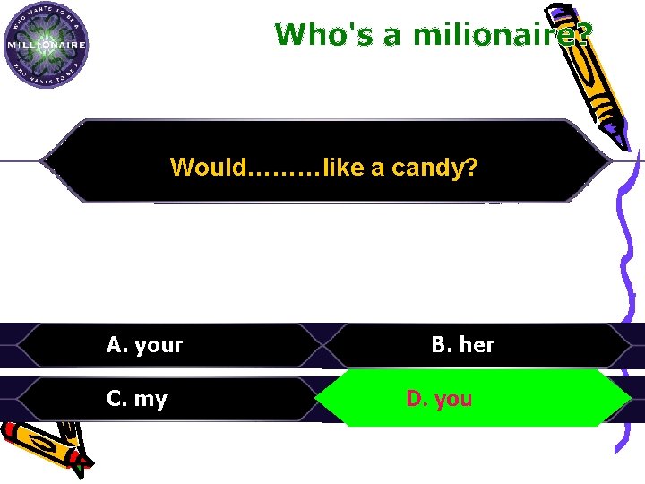 Would………like a candy? A. your C. my B. her D. D. you 