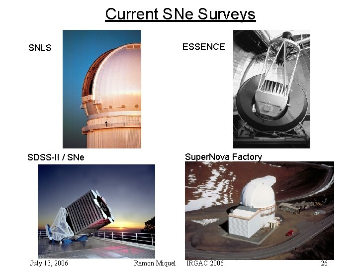 Current SNe Surveys SNLS ESSENCE SDSS-II / SNe Super. Nova Factory July 13, 2006
