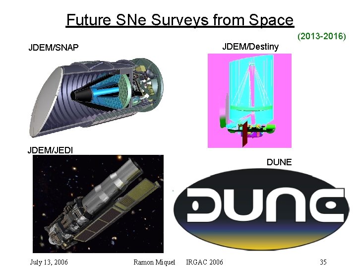 Future SNe Surveys from Space (2013 -2016) JDEM/Destiny JDEM/SNAP JDEM/JEDI DUNE July 13, 2006