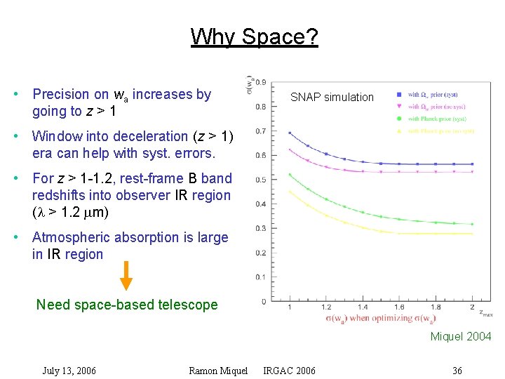 Why Space? • Precision on wa increases by going to z > 1 SNAP