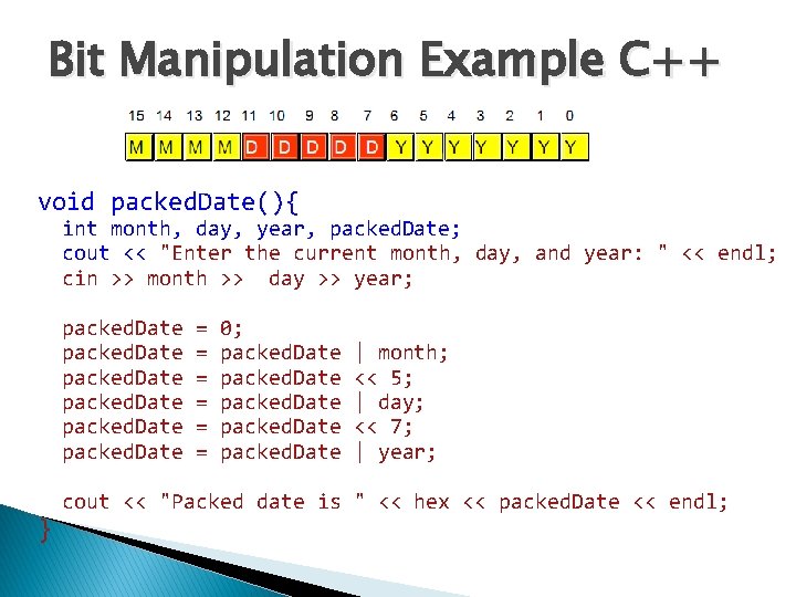 Bit Manipulation Example C++ void packed. Date(){ int month, day, year, packed. Date; cout