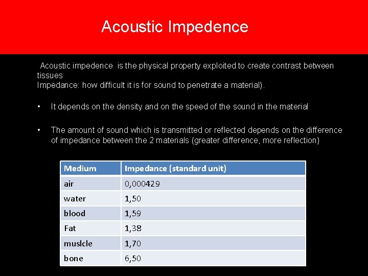 Acoustic Impedence Acoustic impedence is the physical property exploited to create contrast between tissues Acoustic Impedence Acoustic impedence is the physical property exploited to create contrast between tissues
