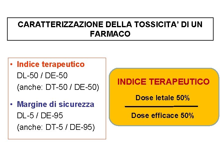 CARATTERIZZAZIONE DELLA TOSSICITA’ DI UN FARMACO • Indice terapeutico DL-50 / DE-50 (anche: DT-50