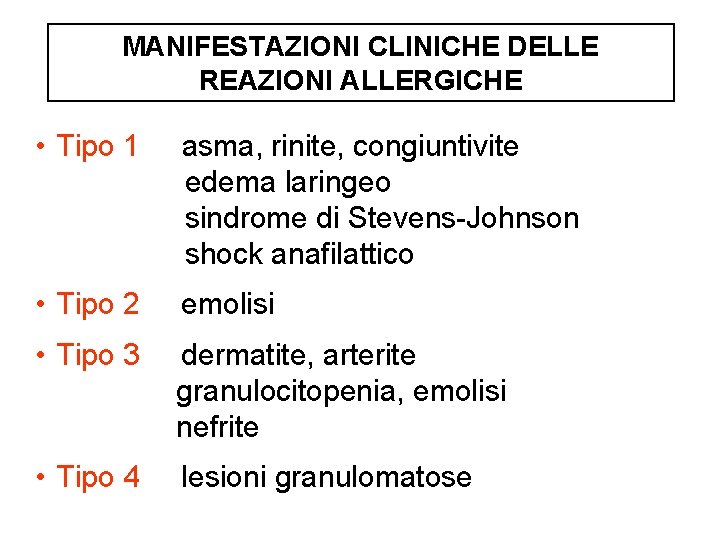 MANIFESTAZIONI CLINICHE DELLE REAZIONI ALLERGICHE • Tipo 1 asma, rinite, congiuntivite edema laringeo sindrome