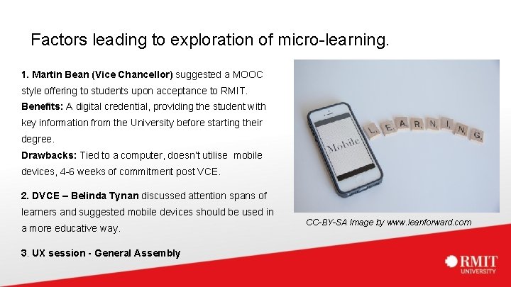 Factors leading to exploration of micro-learning. 1. Martin Bean (Vice Chancellor) suggested a MOOC