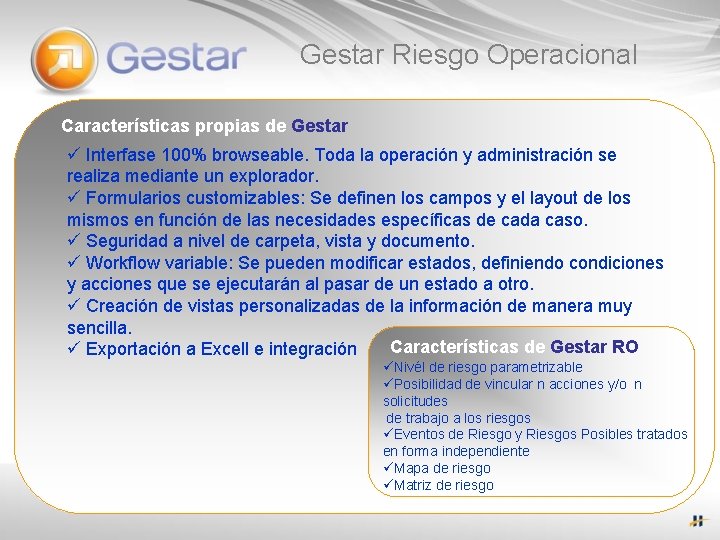 Gestar Riesgo Operacional Características propias de Gestar ü Interfase 100% browseable. Toda la operación