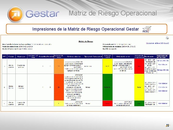 Matriz de Riesgo Operacional Impresiones de la Matriz de Riesgo Operacional Gestar 