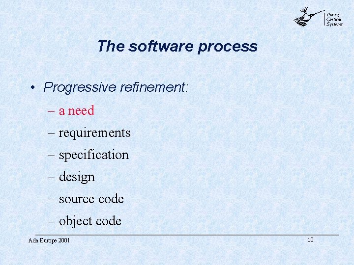 abc The software process • Progressive refinement: – a need – requirements – specification abc The software process • Progressive refinement: – a need – requirements – specification