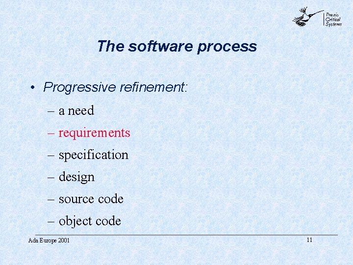 abc The software process • Progressive refinement: – a need – requirements – specification abc The software process • Progressive refinement: – a need – requirements – specification
