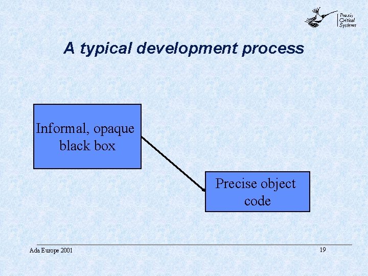 abc A typical development process Informal, opaque black box Precise object code Ada Europe abc A typical development process Informal, opaque black box Precise object code Ada Europe