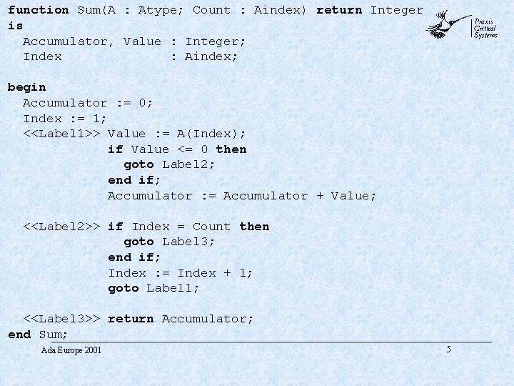 function Sum(A : Atype; Count : Aindex) return Integer is Accumulator, Value : Integer; function Sum(A : Atype; Count : Aindex) return Integer is Accumulator, Value : Integer;