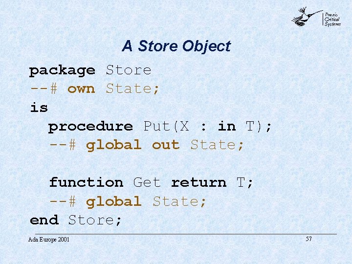 abc A Store Object package Store --# own State; is procedure Put(X : in abc A Store Object package Store --# own State; is procedure Put(X : in