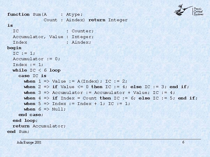 abc function Sum(A : Atype; Count : Aindex) return Integer is IC : Counter; abc function Sum(A : Atype; Count : Aindex) return Integer is IC : Counter;