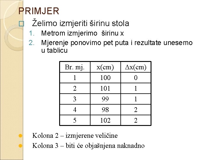 PRIMJER � Želimo izmjeriti širinu stola 1. Metrom izmjerimo širinu x 2. Mjerenje ponovimo