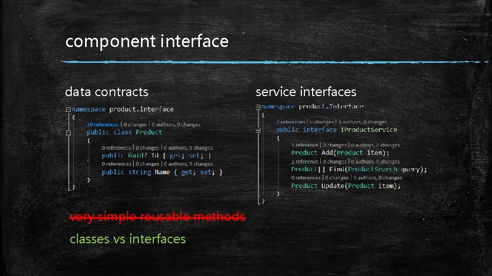 component interface data contracts very simple reusable methods classes vs interfaces service interfaces 