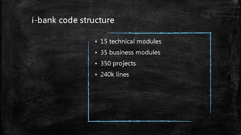 i-bank code structure ▪ 15 technical modules ▪ 35 business modules ▪ 350 projects