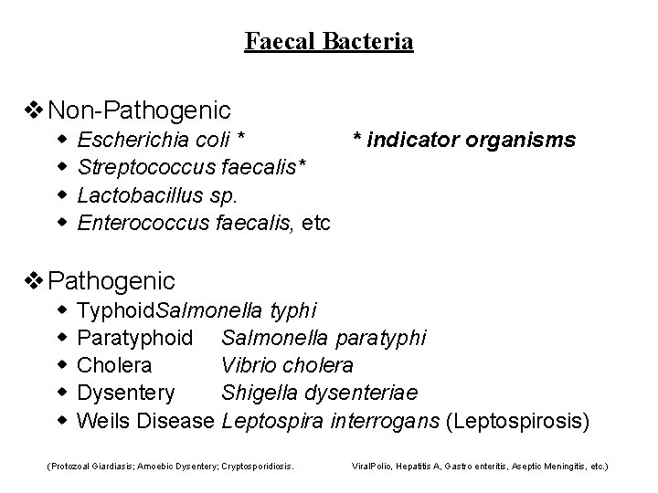 Faecal Bacteria v Non-Pathogenic w w Escherichia coli * * indicator organisms Streptococcus faecalis* Faecal Bacteria v Non-Pathogenic w w Escherichia coli * * indicator organisms Streptococcus faecalis*