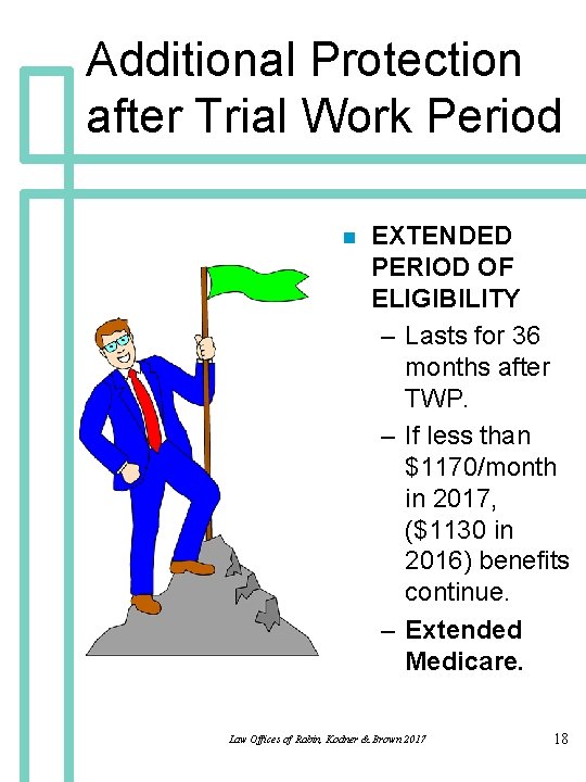 Additional Protection after Trial Work Period n EXTENDED PERIOD OF ELIGIBILITY – Lasts for