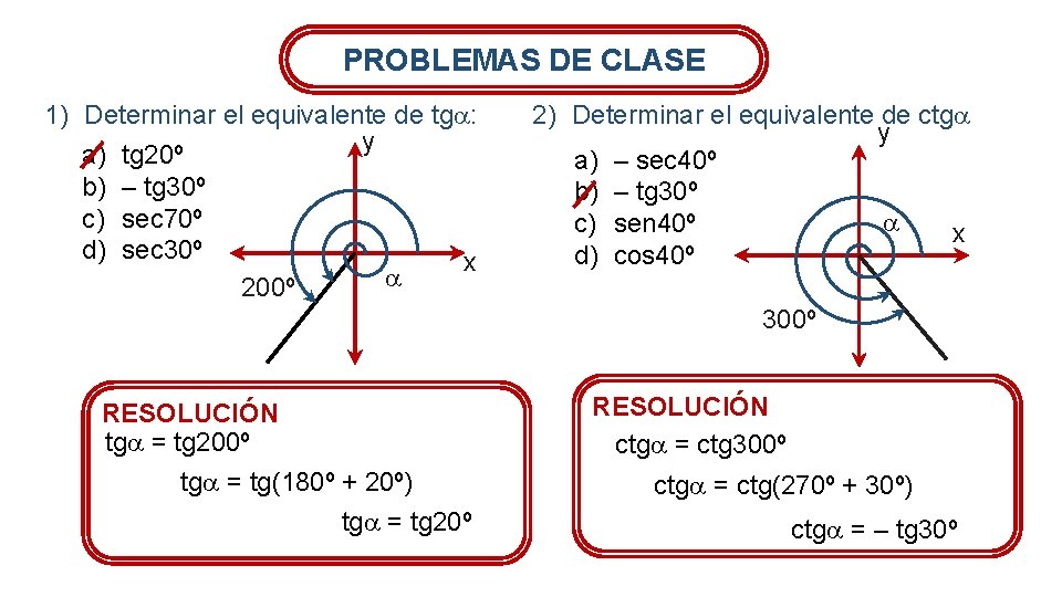 PROBLEMAS DE CLASE 1) Determinar el equivalente de tg : y a) tg 20º