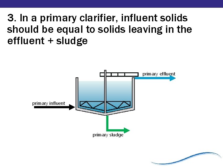3. In a primary clarifier, influent solids should be equal to solids leaving in 3. In a primary clarifier, influent solids should be equal to solids leaving in