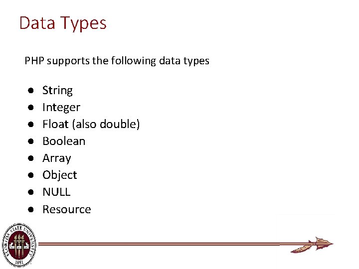Data Types PHP supports the following data types ● ● ● ● String Integer