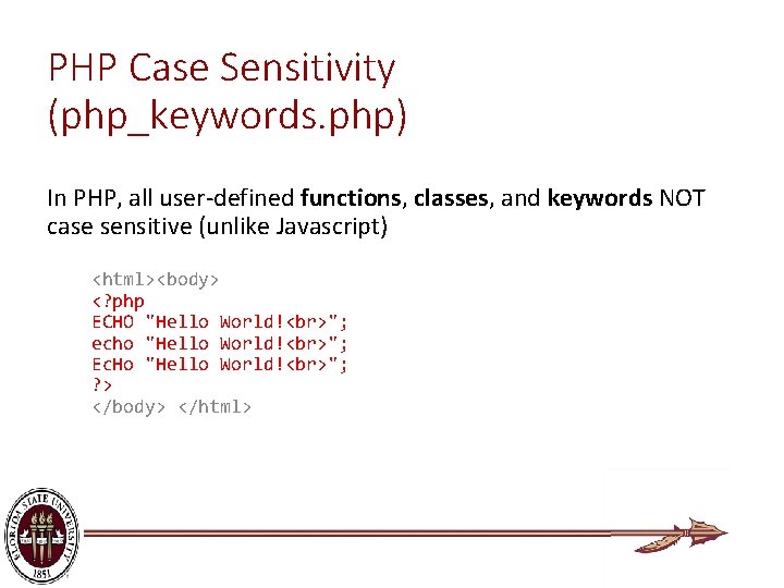 PHP Case Sensitivity (php_keywords. php) In PHP, all user-defined functions, classes, and keywords NOT