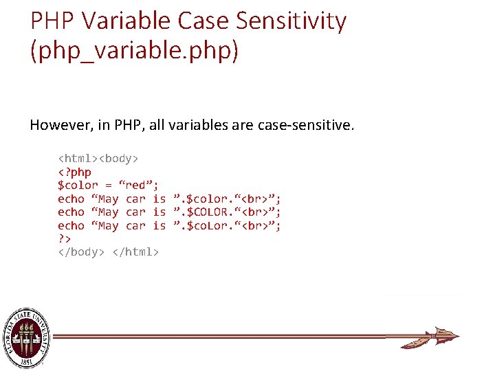 PHP Variable Case Sensitivity (php_variable. php) However, in PHP, all variables are case-sensitive. <html><body>