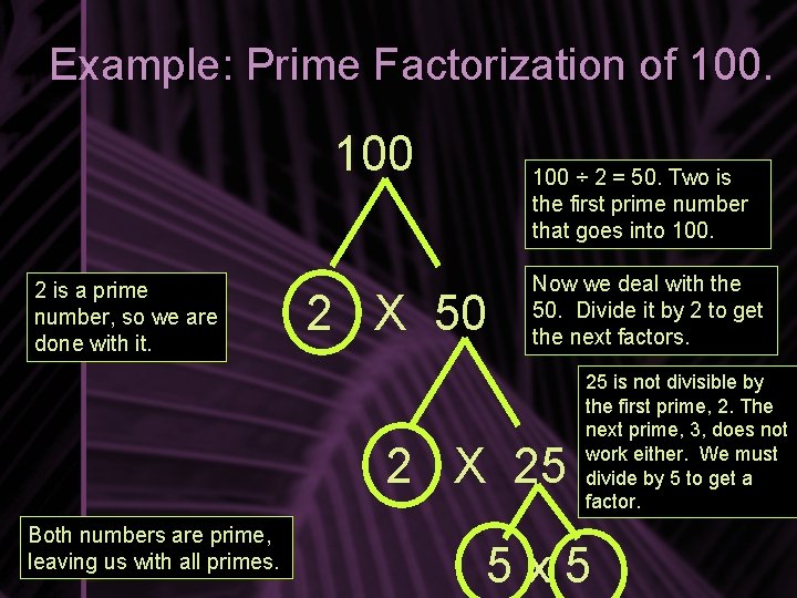 Example: Prime Factorization of 100 2 is a prime number, so we are done