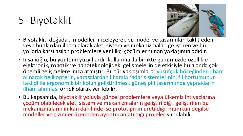 5 - Biyotaklit • Biyotaklit, doğadaki modelleri inceleyerek bu model ve tasarımları taklit eden 5 - Biyotaklit • Biyotaklit, doğadaki modelleri inceleyerek bu model ve tasarımları taklit eden