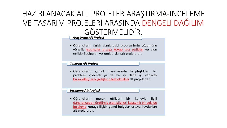 HAZIRLANACAK ALT PROJELER ARAŞTIRMA-İNCELEME VE TASARIM PROJELERİ ARASINDA DENGELİ DAĞILIM GÖSTERMELİDİR. HAZIRLANACAK ALT PROJELER ARAŞTIRMA-İNCELEME VE TASARIM PROJELERİ ARASINDA DENGELİ DAĞILIM GÖSTERMELİDİR.