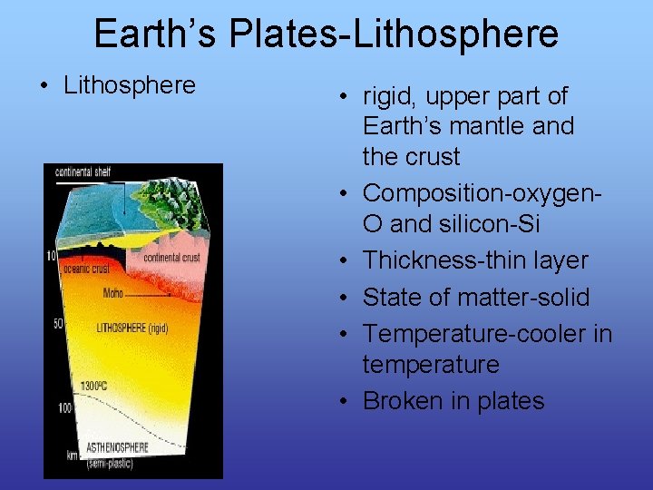 Earth’s Plates-Lithosphere • Lithosphere • rigid, upper part of Earth’s mantle and the crust