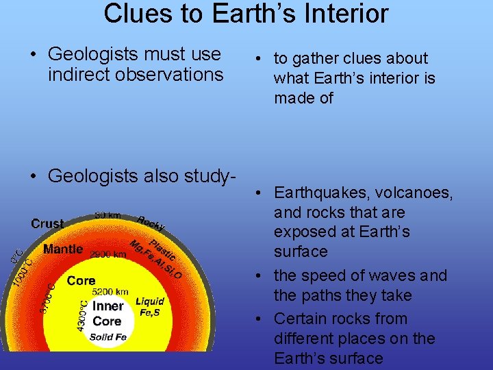 Clues to Earth’s Interior • Geologists must use indirect observations • Geologists also study-