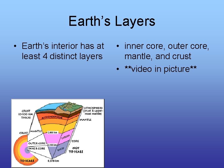 Earth’s Layers • Earth’s interior has at least 4 distinct layers • inner core,