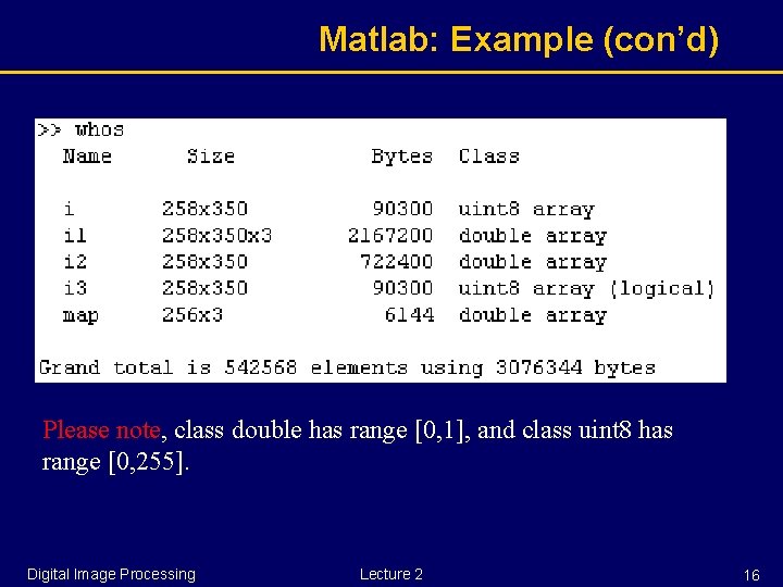 Matlab: Example (con’d) Please note, class double has range [0, 1], and class uint