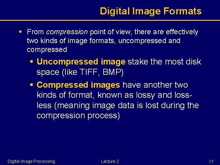 Digital Image Formats § From compression point of view, there are effectively two kinds