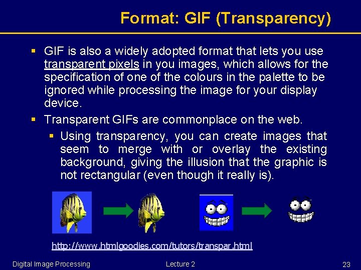 Format: GIF (Transparency) § GIF is also a widely adopted format that lets you