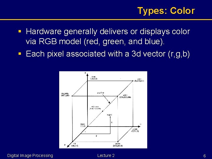 Types: Color § Hardware generally delivers or displays color via RGB model (red, green,