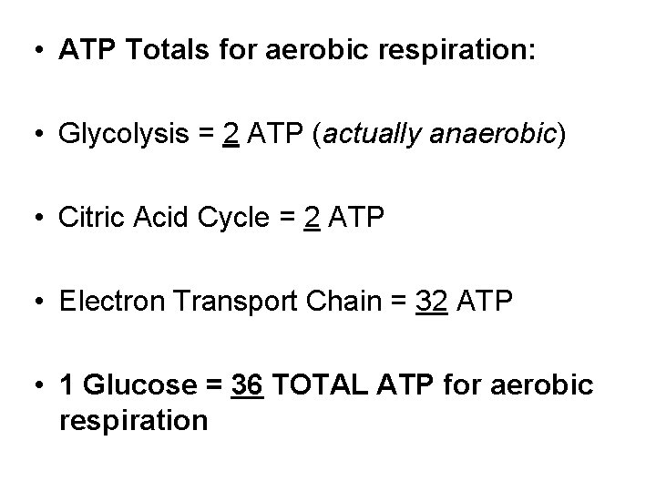  • ATP Totals for aerobic respiration: • Glycolysis = 2 ATP (actually anaerobic)