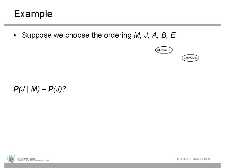 Example • Suppose we choose the ordering M, J, A, B, E P(J |