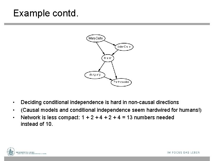 Example contd. • • • Deciding conditional independence is hard in non-causal directions (Causal